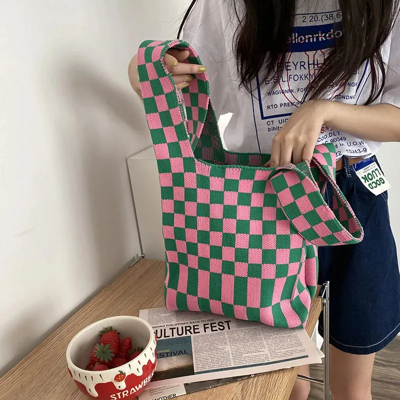 💕 Cozy Checker Chic Tote 👜✨ Large Capacity Knitted Bag for Trendy Adventures! 🌟