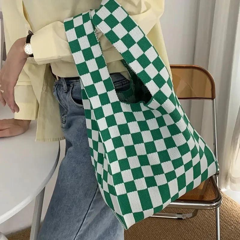 💕 Cozy Checker Chic Tote 👜✨ Large Capacity Knitted Bag for Trendy Adventures! 🌟
