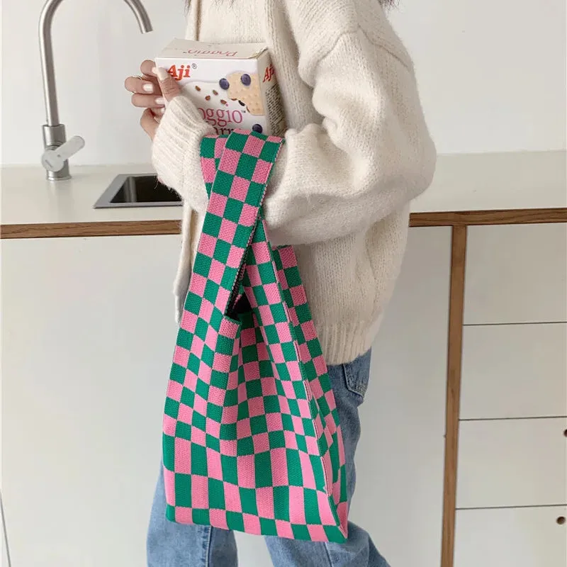 💕 Cozy Checker Chic Tote 👜✨ Large Capacity Knitted Bag for Trendy Adventures! 🌟