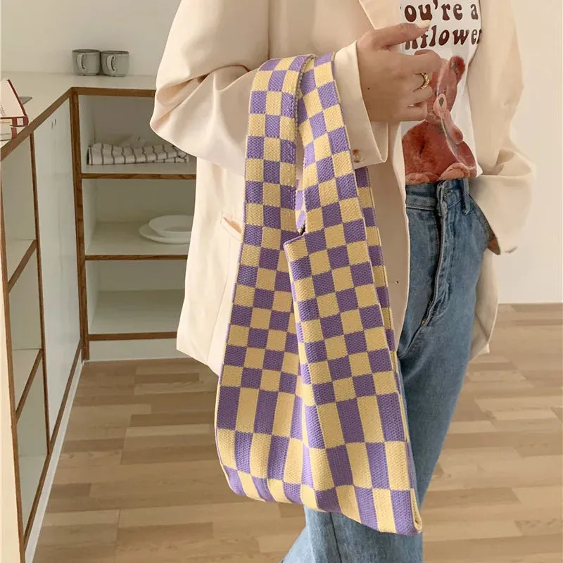 💕 Cozy Checker Chic Tote 👜✨ Large Capacity Knitted Bag for Trendy Adventures! 🌟