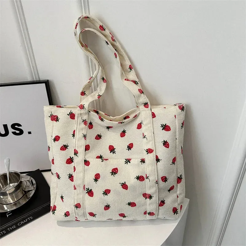 🍓 Sweet Strawberry Dreams 🌊 Corduroy Beach Tote 🌼 Stylish & Spacious Shoulder Bag 👜✨