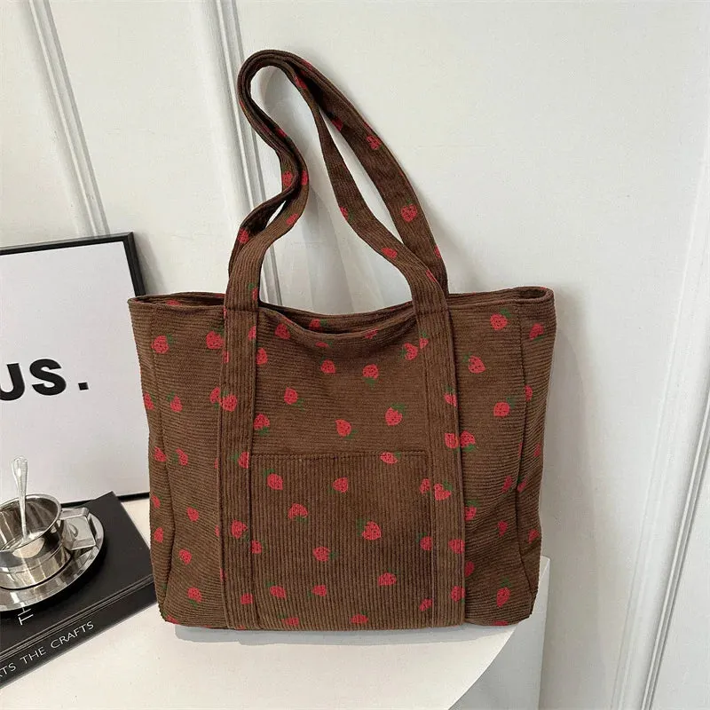🍓 Sweet Strawberry Dreams 🌊 Corduroy Beach Tote 🌼 Stylish & Spacious Shoulder Bag 👜✨