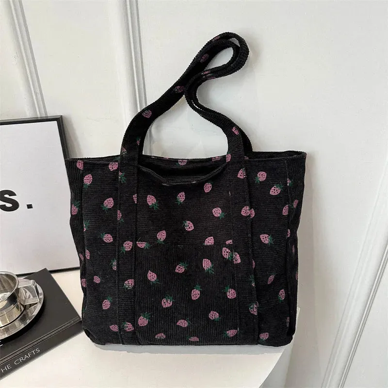 🍓 Sweet Strawberry Dreams 🌊 Corduroy Beach Tote 🌼 Stylish & Spacious Shoulder Bag 👜✨
