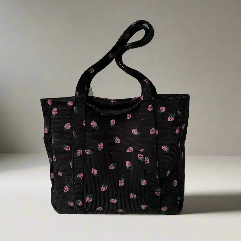 🍓 Sweet Strawberry Dreams 🌊 Corduroy Beach Tote 🌼 Stylish & Spacious Shoulder Bag 👜✨