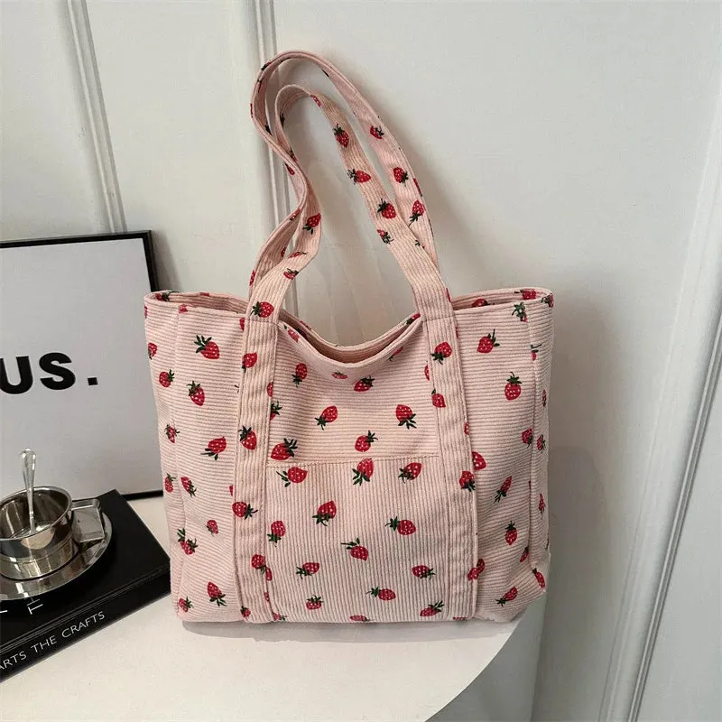 🍓 Sweet Strawberry Dreams 🌊 Corduroy Beach Tote 🌼 Stylish & Spacious Shoulder Bag 👜✨