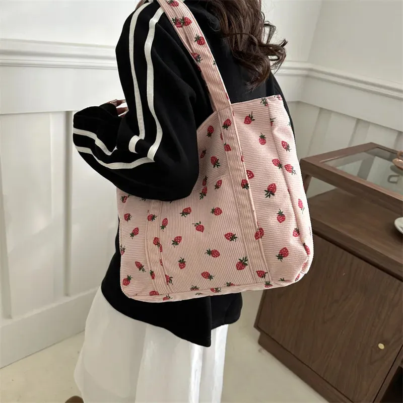 🍓 Sweet Strawberry Dreams 🌊 Corduroy Beach Tote 🌼 Stylish & Spacious Shoulder Bag 👜✨