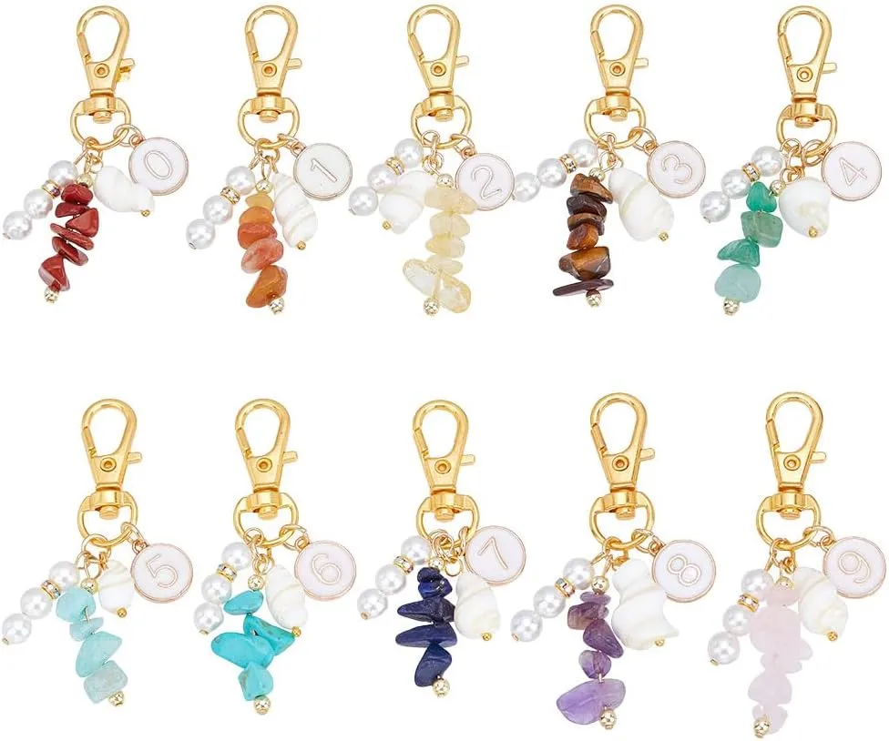10 Pcs 10 Styles Gemstone Chips Pendants, Alloy Enamel Pendant Decorations Stone Charmes with Pearl and Snail Shell for Keychain and Handbag Hanging Ornament