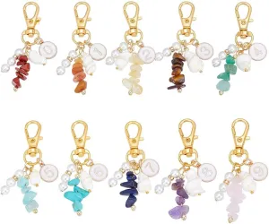 10 Pcs 10 Styles Gemstone Chips Pendants, Alloy Enamel Pendant Decorations Stone Charmes with Pearl and Snail Shell for Keychain and Handbag Hanging Ornament