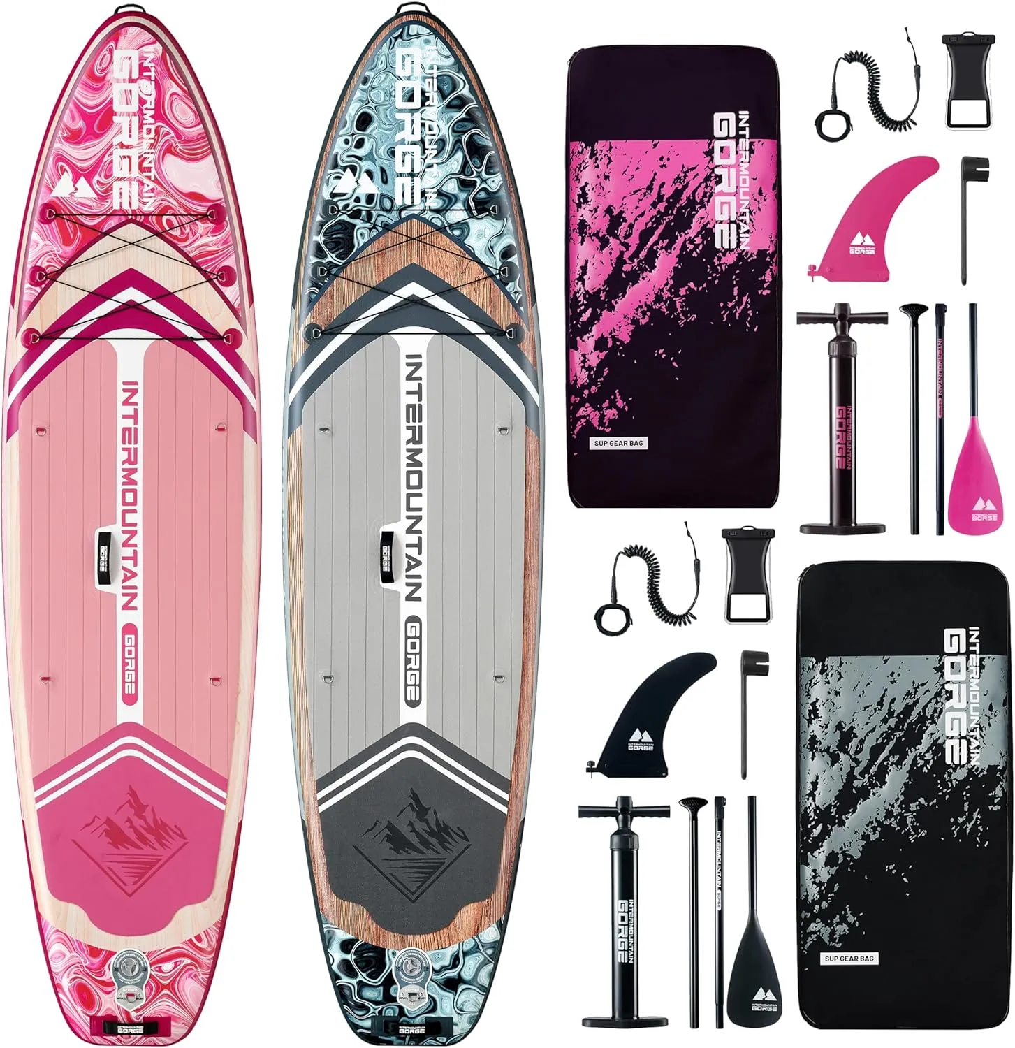 11'x34 Ultra-Wide SUP 2-Board Bundle – 420lb Capacity Each, All-Accessory Kit, 100L Backpack (Woodgrain Gray&Pink)