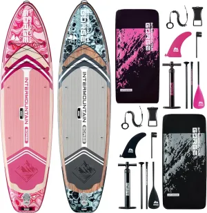 11'x34 Ultra-Wide SUP 2-Board Bundle – 420lb Capacity Each, All-Accessory Kit, 100L Backpack (Woodgrain Gray&Pink)