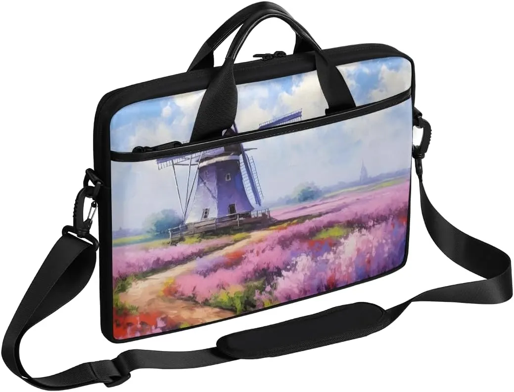 13-15 inch Flowers And Windmills portable laptop bag Rustic Landscape single shoulder laptop bag, suitable for work, travel, and other purposes