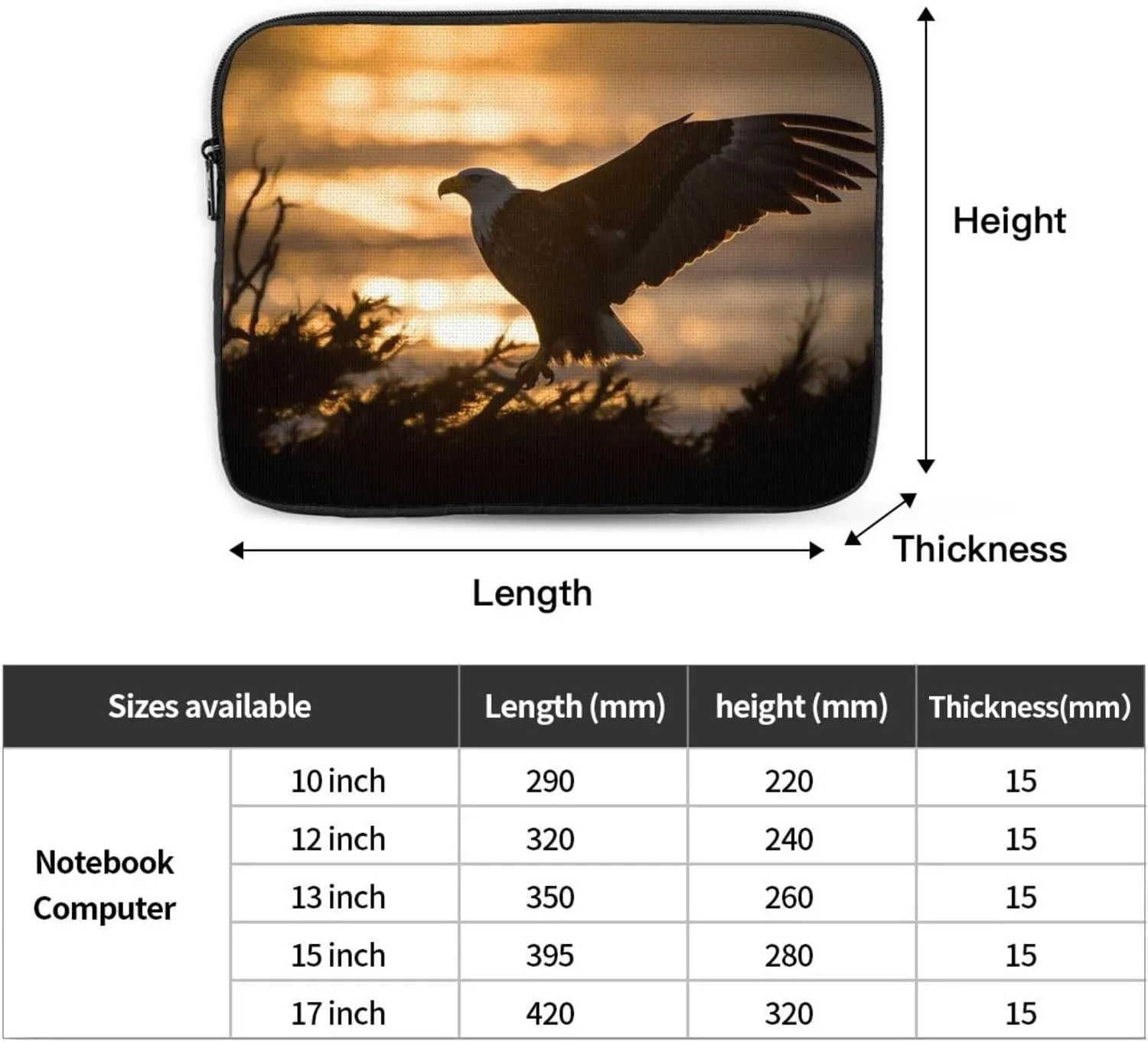 13 Inch Laptop Sleeve Bag Waterproof Shockproof Laptop Case Bag Backlit Eagle Computer Skin Bags Lightweight Tablet Carrying Case