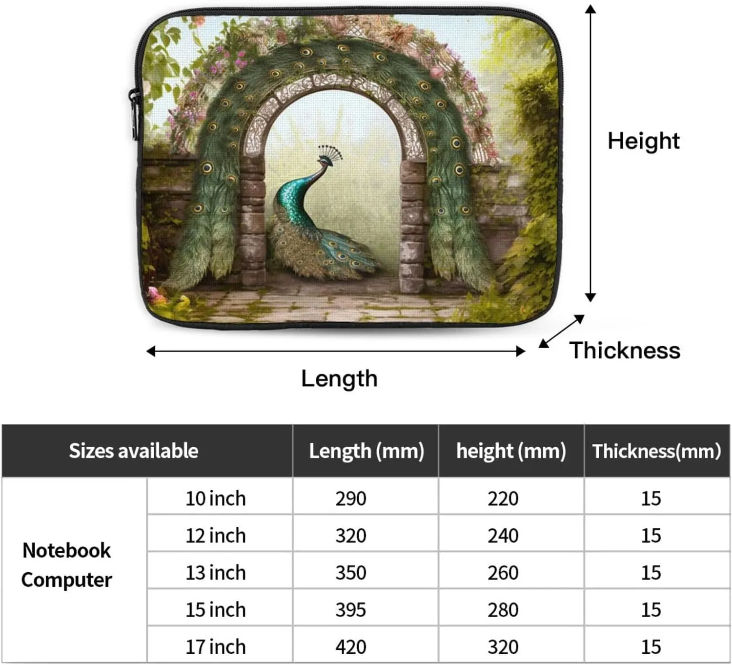 13 Inch Laptop Sleeve Bag Waterproof Shockproof Laptop Case Bag Garden Arched Door Peacock Computer Skin Bags Lightweight Tablet Carrying Case