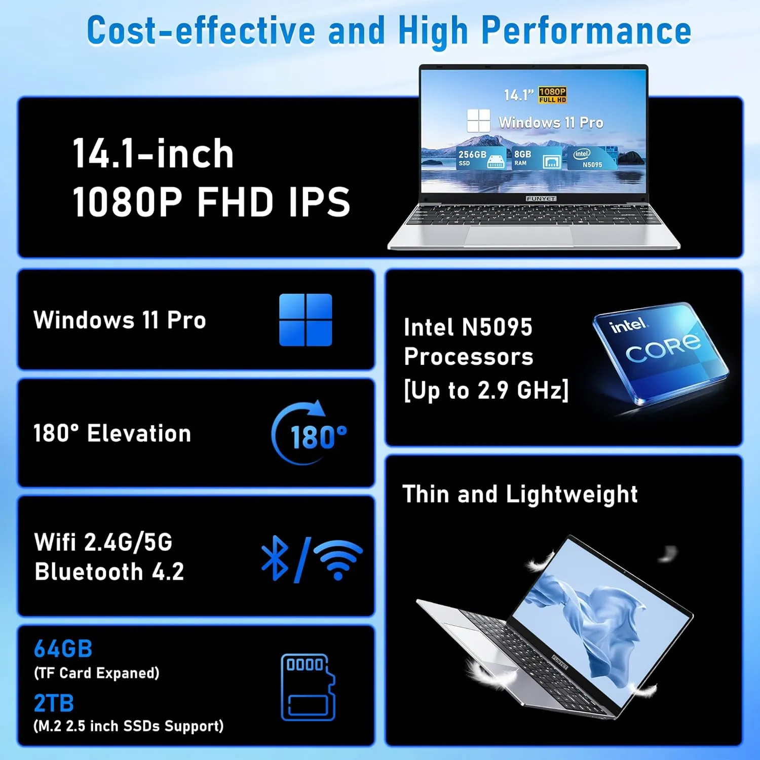 14 Inch Gaming Laptop, Laptop Computer 2025 Windows 11 Pro, 8GB RAM 256GB SSD, Intel 11th Gen N5095 Processor(up to 2.9 GHz), FHD 1920 x 1080