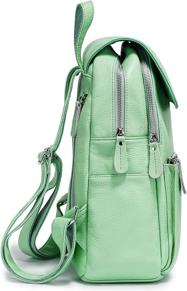 15 Colors 100% Genuine Leather Women Backpack Antitheft Fashion Rucksack Travel Bag For Ladies (Light Green)