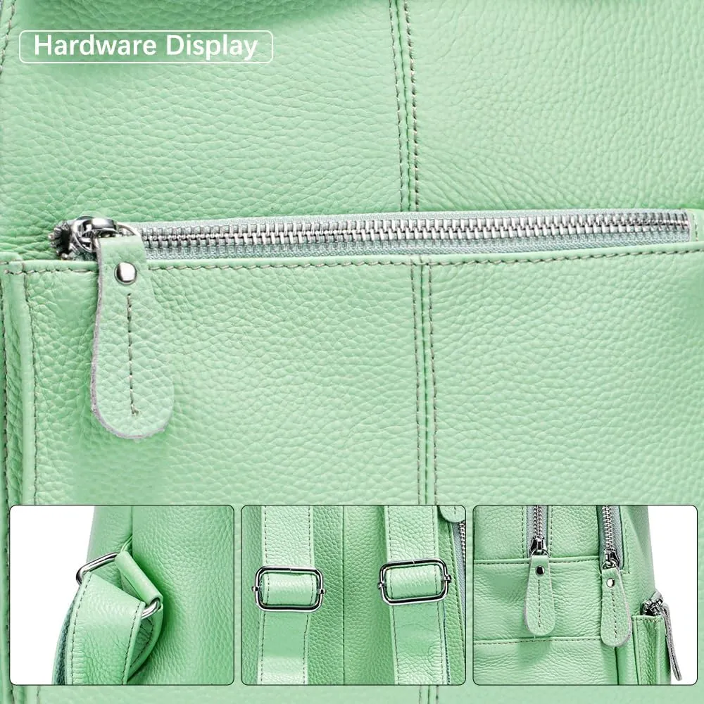 15 Colors 100% Genuine Leather Women Backpack Antitheft Fashion Rucksack Travel Bag For Ladies (Light Green)