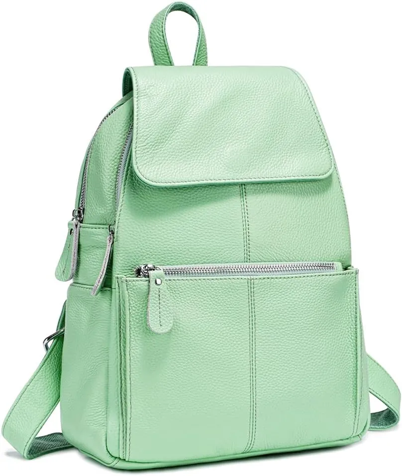 15 Colors 100% Genuine Leather Women Backpack Antitheft Fashion Rucksack Travel Bag For Ladies (Light Green)