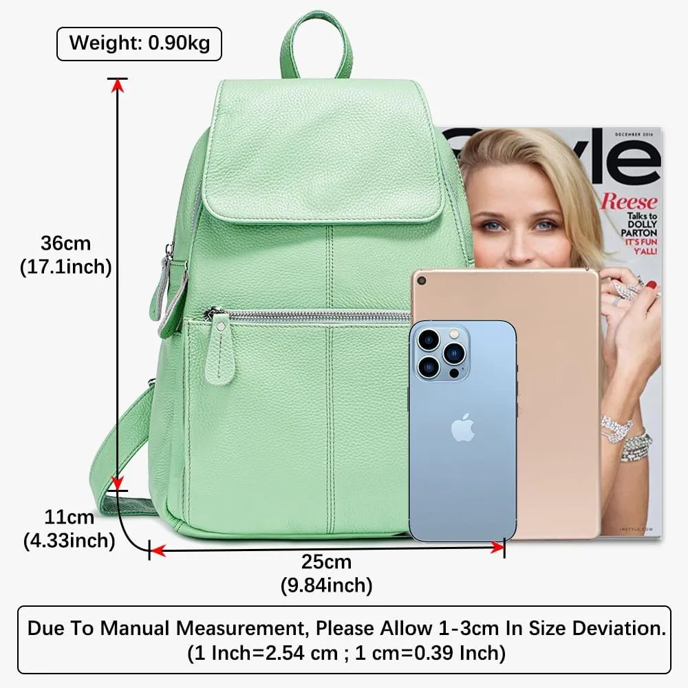 15 Colors 100% Genuine Leather Women Backpack Antitheft Fashion Rucksack Travel Bag For Ladies (Light Green)
