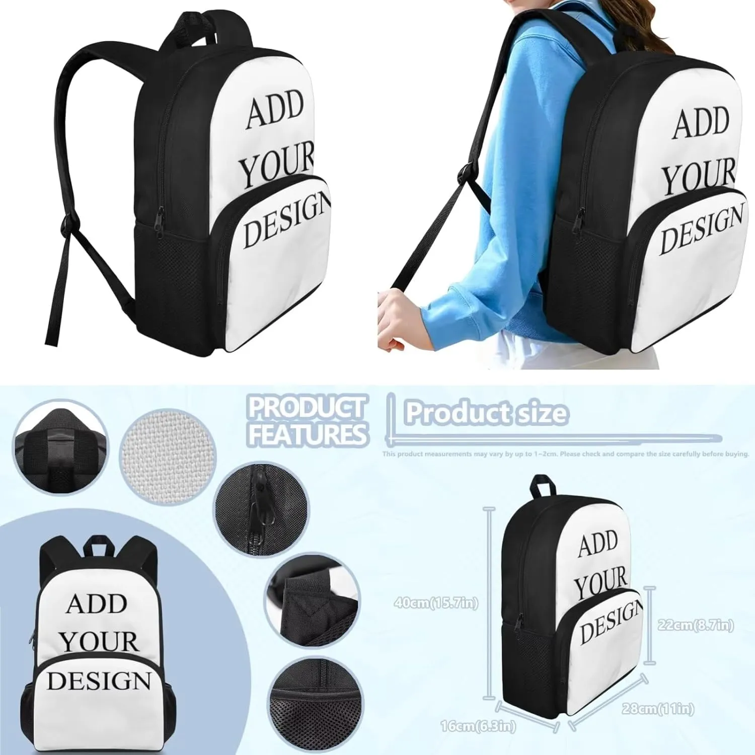 15 Inch Kids Backpack for School Cute Girls Bookbag Backpack Set with Insulated Lunch Bag and Pencil Pouch for Girls Boys You Can Add Your Name/Logo/Photo