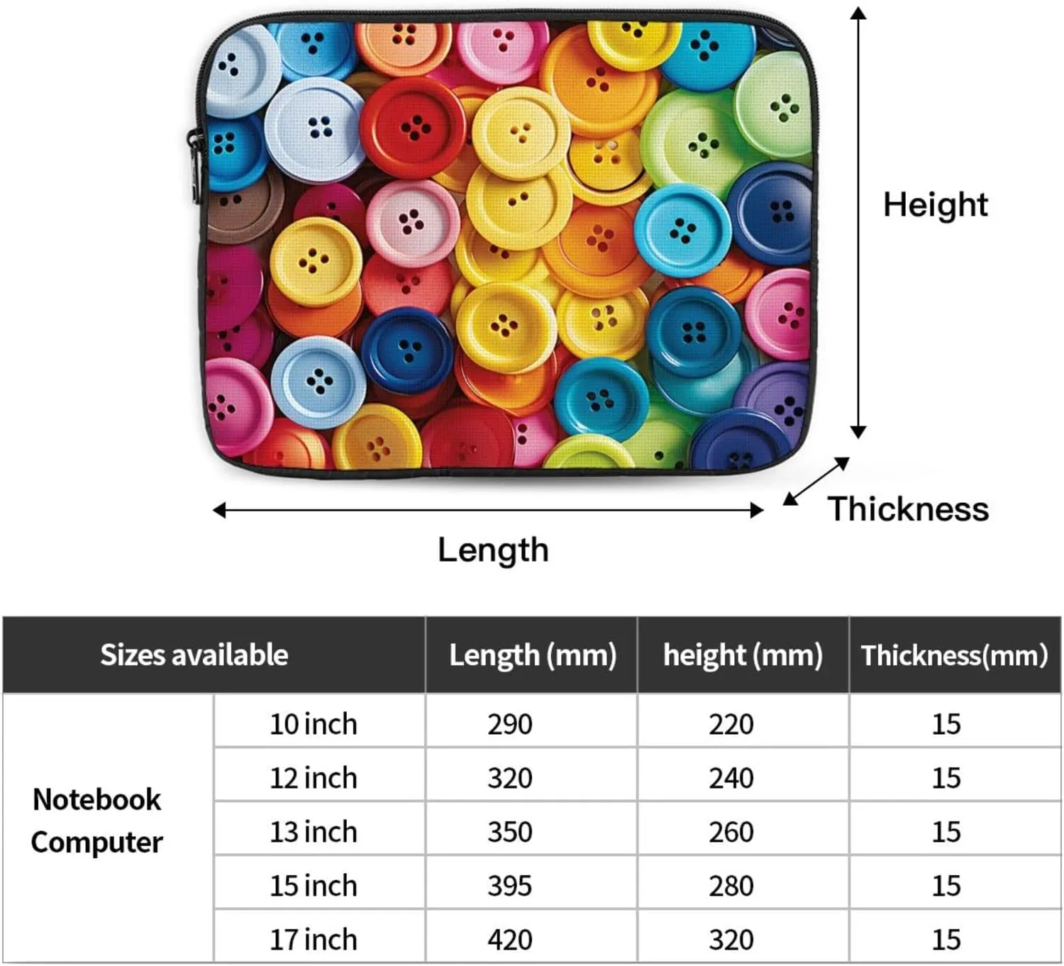 15 Inch Laptop Sleeve Bag Waterproof Shockproof Laptop Case Bag Colorful Buttons Computer Skin Bags Lightweight Tablet Carrying Case