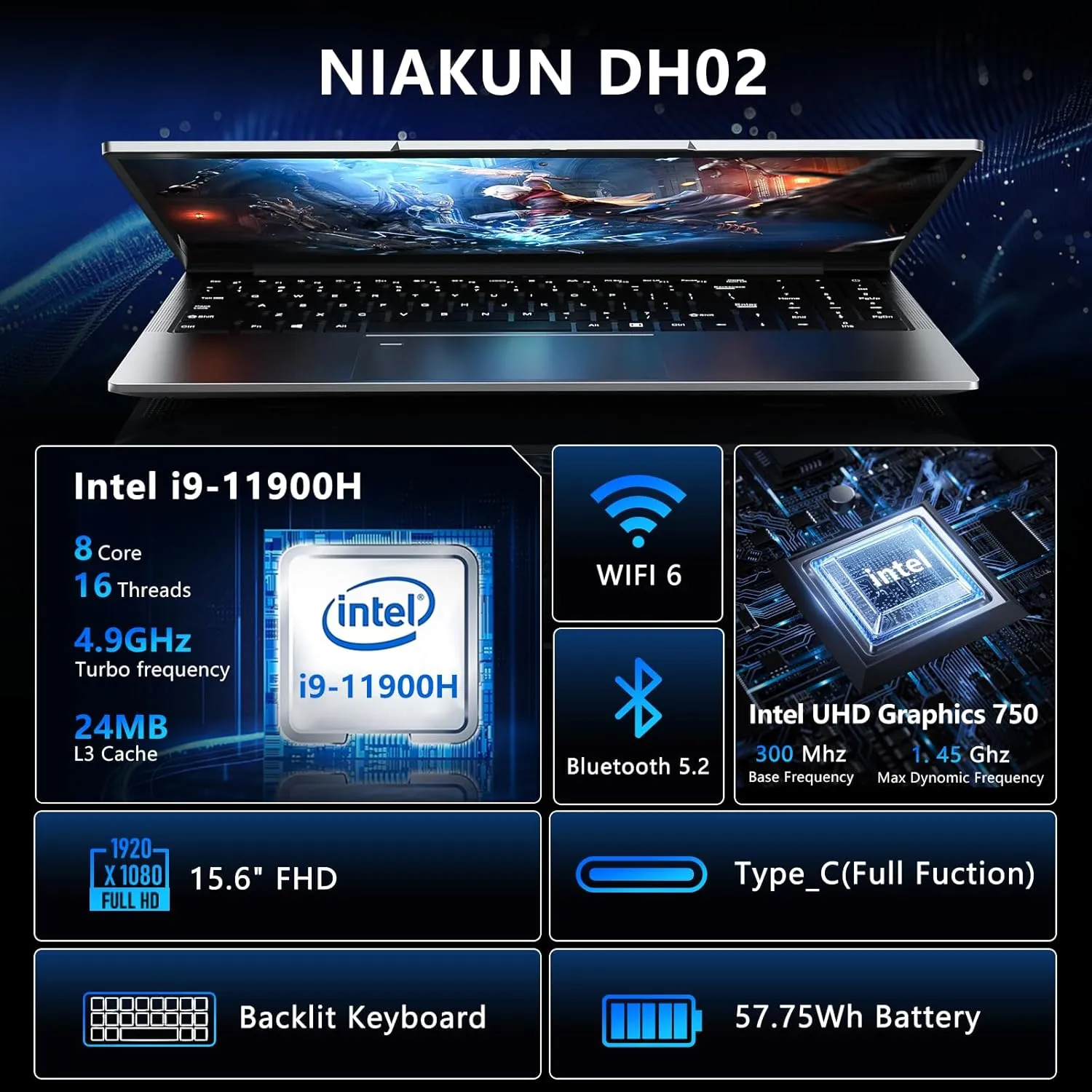 15.6 Inch Laptop Computer,16GB RAM 1TB SSD,Gaming Laptop,i9-11900H 8C/16T Processor(up to 4.9Ghz),UHD Graphics,15.6” FHD 1920 * 1080 Display,WiFi 6,BT5.2,Backlit Keyboard