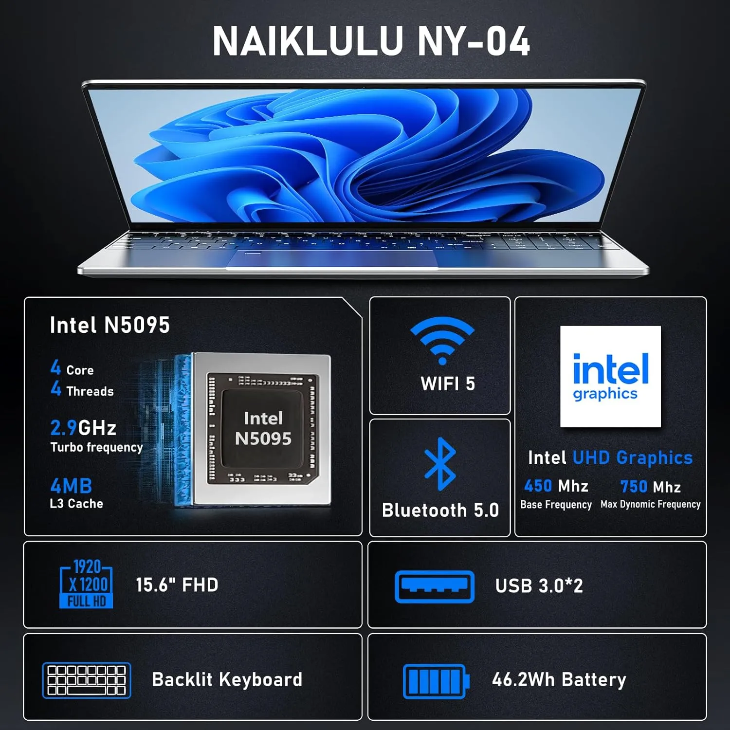 15.6 Inch Laptop Computer,16GB RAM 1TB SSD,N5095 4C/4T Processor(up to 2.9Ghz),UHD Graphics,15.6” FHD 1920 * 1080 Display,WiFi 5,BT5.0,Backlit Keyboard,Fingerprint Unlock