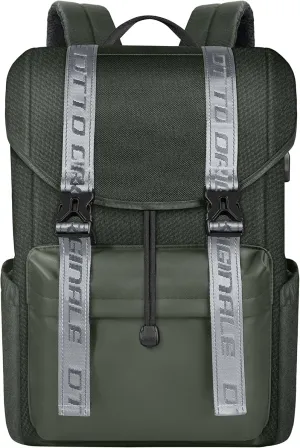 15.6 Inch Laptop Travel Backpack, Water Resistant Anti-Theft Vintage Flap Backpack with USB Charging Port for College, Casual Daypacks, Work Bag for Men and Women, 25L, Grayish Green