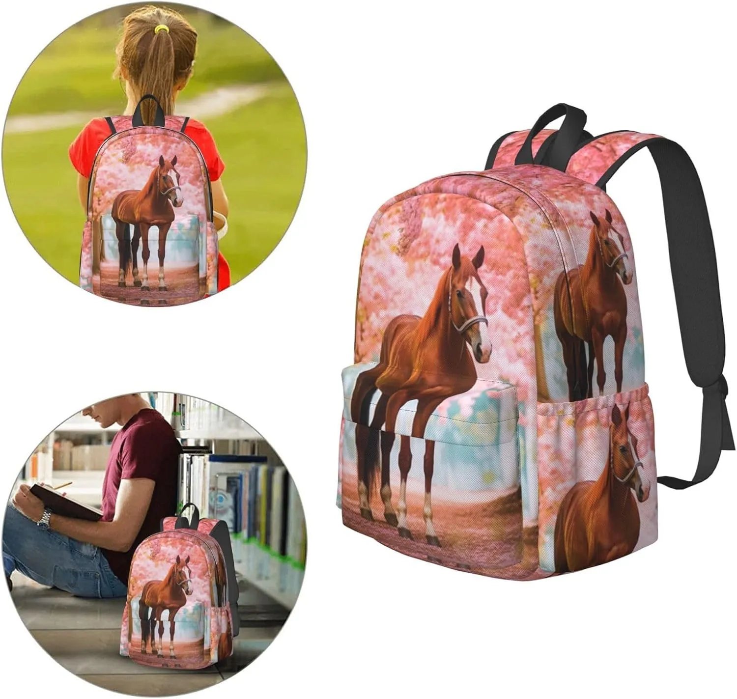 16 inch backpack 3D Horse Flowers Cherry Laptop Backpack Full Print School Bookbag Shoulder Bag for Travel Daypack