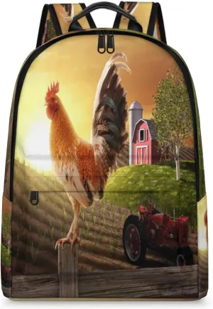 16 Inch Farmhouse Rooster Farmland Travel Laptop Backpack Waterproofing with Adjustable Shoulder Strap Full Print Bookbag Shoulder Bag for Travel Daypack Work College Gift
