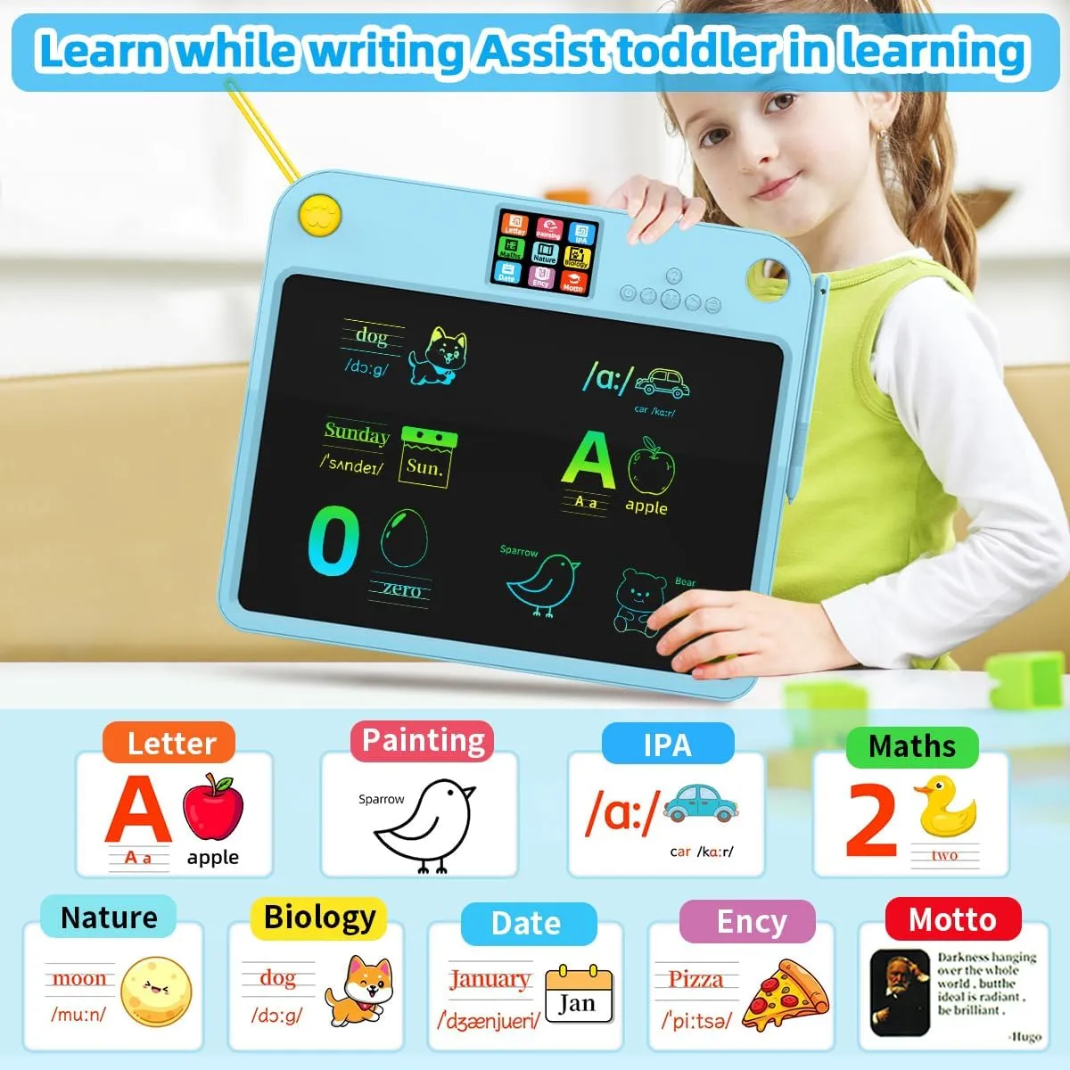 16 Inch LCD Learning Tablet for Ages 3-7 Dual-Screen Pad with 9 Learning Themes Lightweight 400g Long Battery Life Type-C Charging Erasable Board with Extra Stylus Lock Switch for Travel Home School