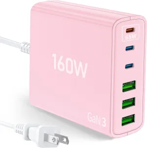 160W Fast USB Charger for Multiple Devices, 6-in-1 Charging Station with USB-C & USB-A Ports, 65W Type-C Fast Charging Port for Laptops, Compatiable with MacBook, iPad, iPhone, Samsung