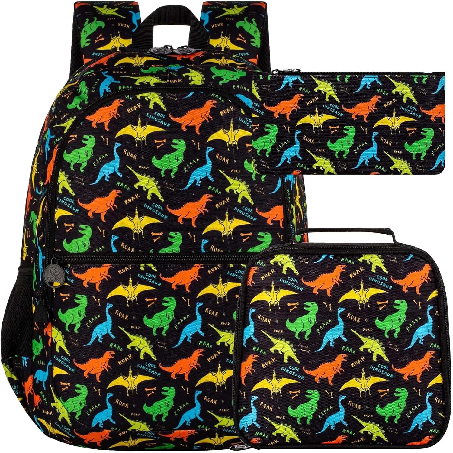 16.5" Dinosaur Backpack for boys, 3Pcs Kids Backpacks Set for Elementary Preschool Kindergarten, School Bookbag with Lunch Box(Black)