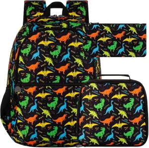 16.5" Dinosaur Backpack for boys, 3Pcs Kids Backpacks Set for Elementary Preschool Kindergarten, School Bookbag with Lunch Box(Black)