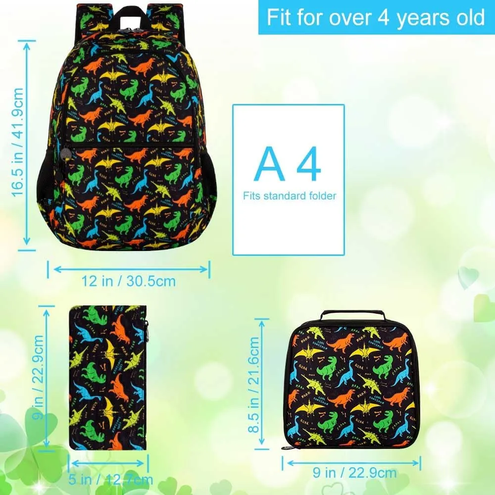 16.5" Dinosaur Backpack for boys, 3Pcs Kids Backpacks Set for Elementary Preschool Kindergarten, School Bookbag with Lunch Box(Black)