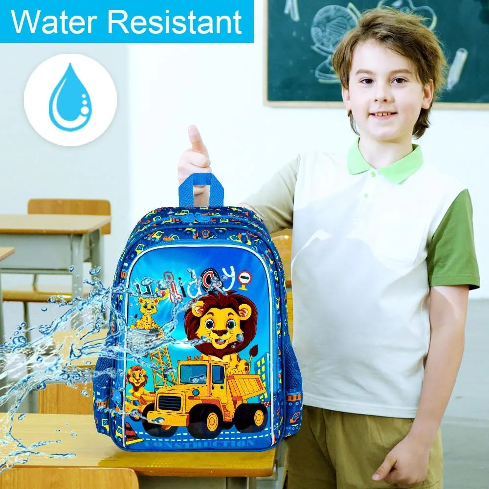 16" Kids Backpack for Boys, 3Pcs Excavator Bookbag Set for Elementary Preschool Kindergarten, Lion School Backpacks with Lunch Box(Blue)