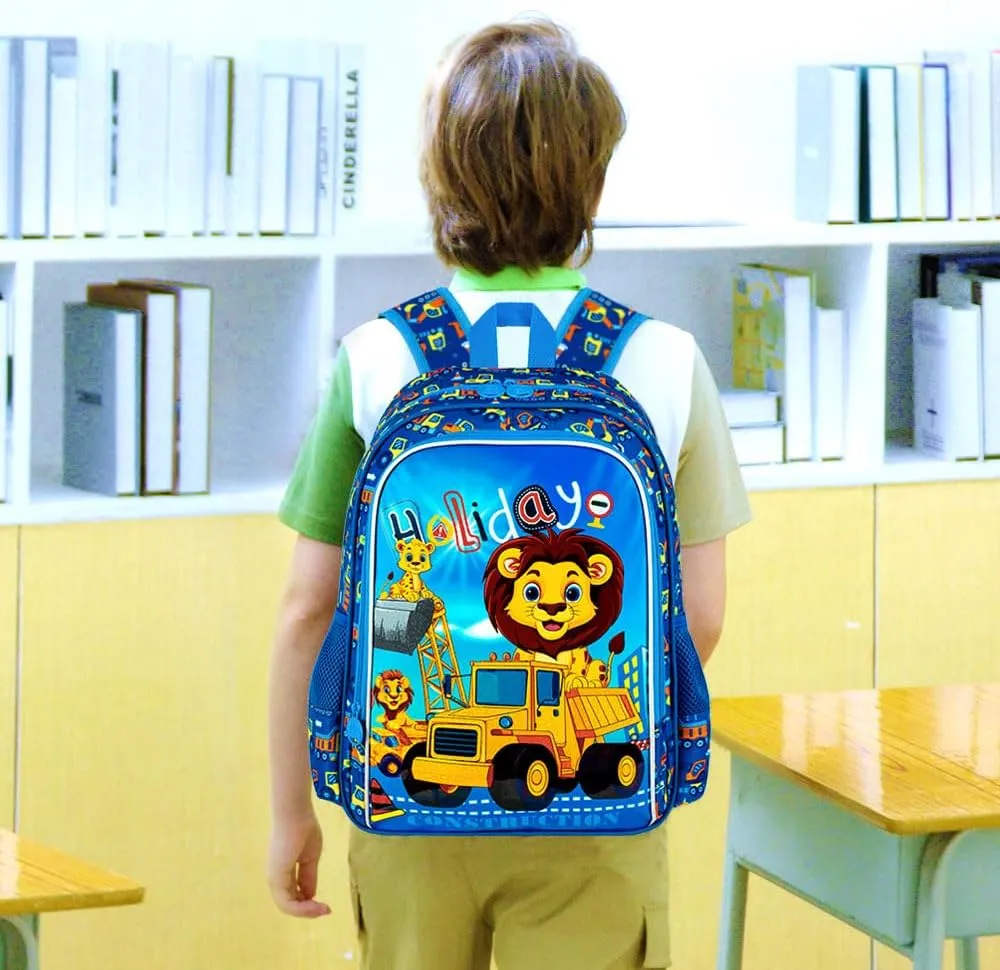 16" Kids Backpack for Boys, 3Pcs Excavator Bookbag Set for Elementary Preschool Kindergarten, Lion School Backpacks with Lunch Box(Blue)
