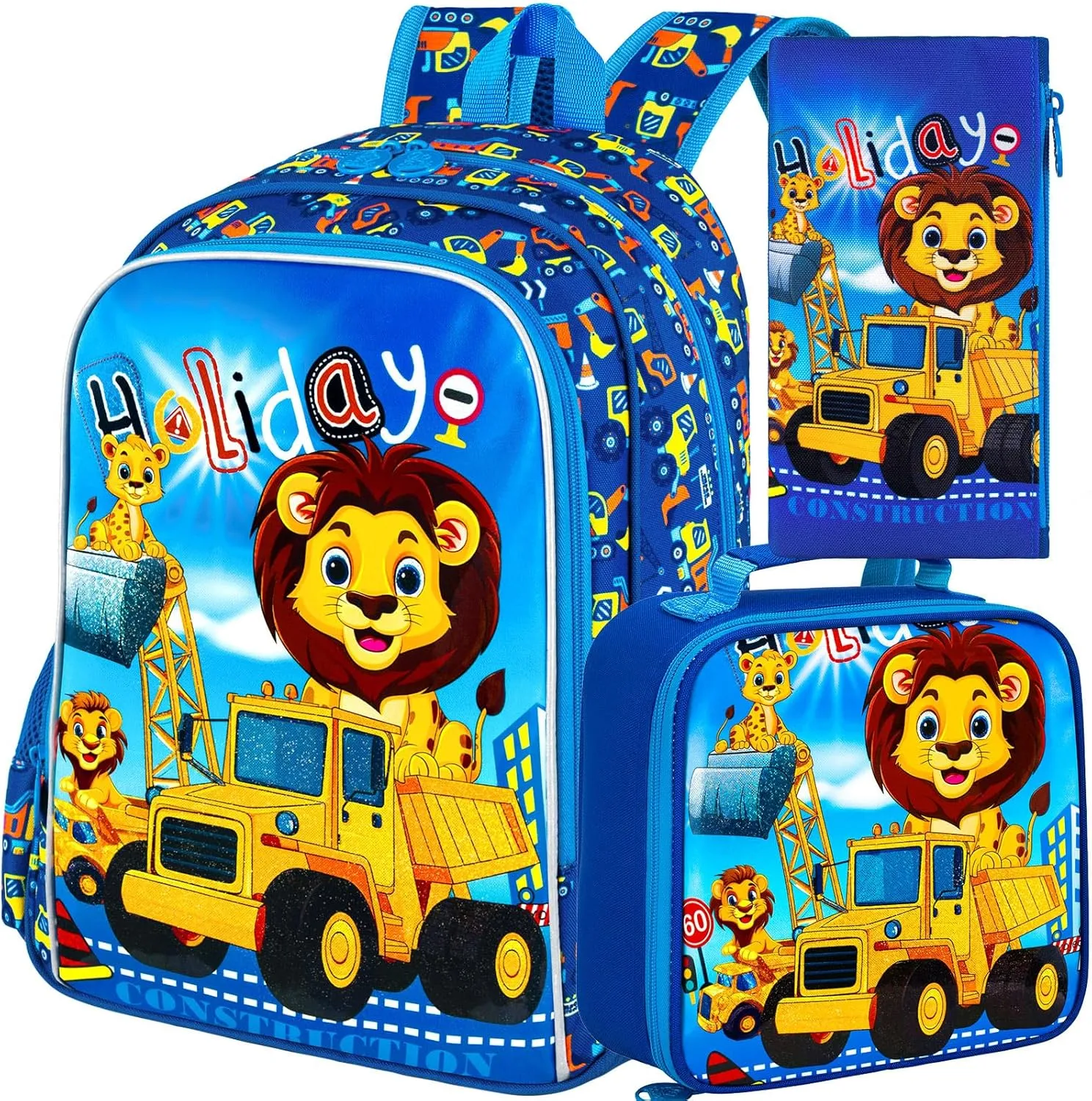 16" Kids Backpack for Boys, 3Pcs Excavator Bookbag Set for Elementary Preschool Kindergarten, Lion School Backpacks with Lunch Box(Blue)