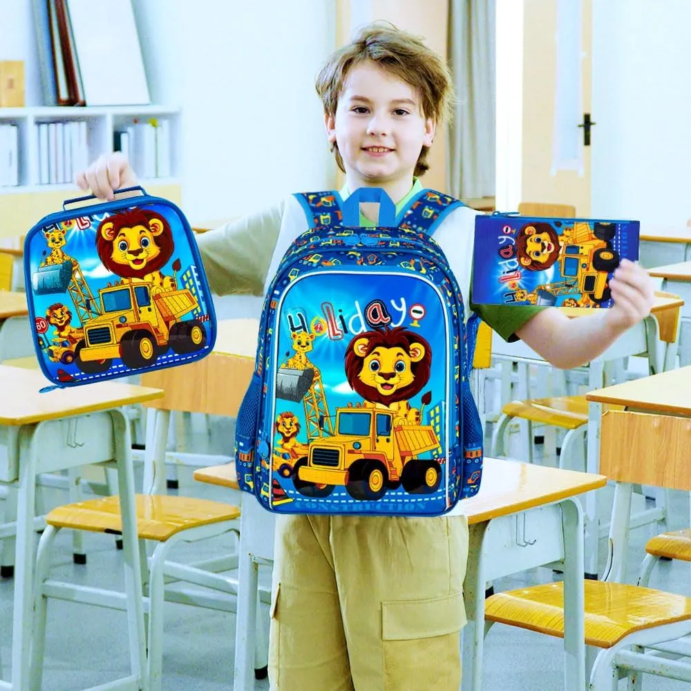 16" Kids Backpack for Boys, 3Pcs Excavator Bookbag Set for Elementary Preschool Kindergarten, Lion School Backpacks with Lunch Box(Blue)