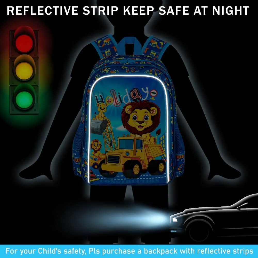 16" Kids Backpack for Boys, 3Pcs Excavator Bookbag Set for Elementary Preschool Kindergarten, Lion School Backpacks with Lunch Box(Blue)