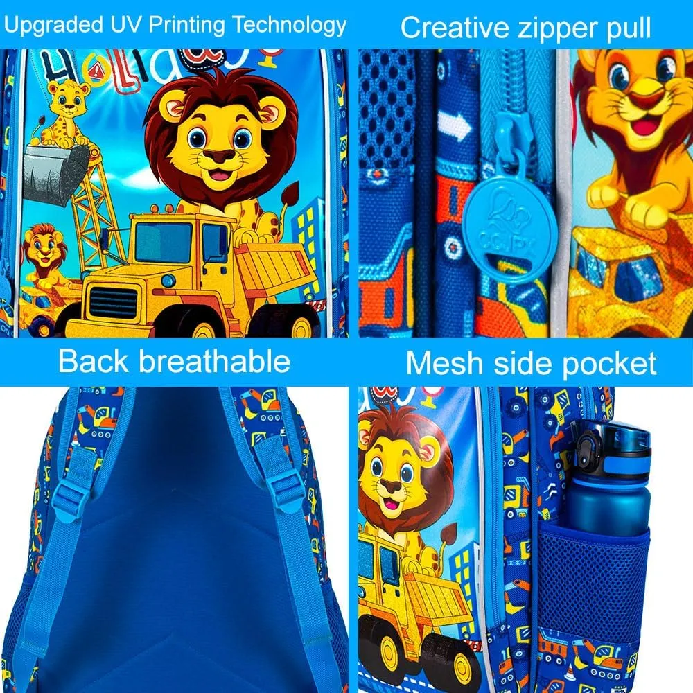 16" Kids Backpack for Boys, 3Pcs Excavator Bookbag Set for Elementary Preschool Kindergarten, Lion School Backpacks with Lunch Box(Blue)