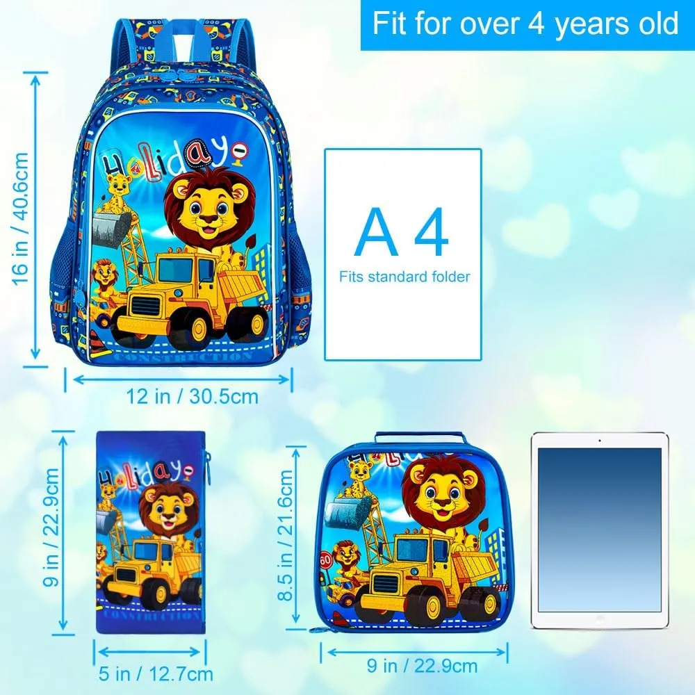16" Kids Backpack for Boys, 3Pcs Excavator Bookbag Set for Elementary Preschool Kindergarten, Lion School Backpacks with Lunch Box(Blue)