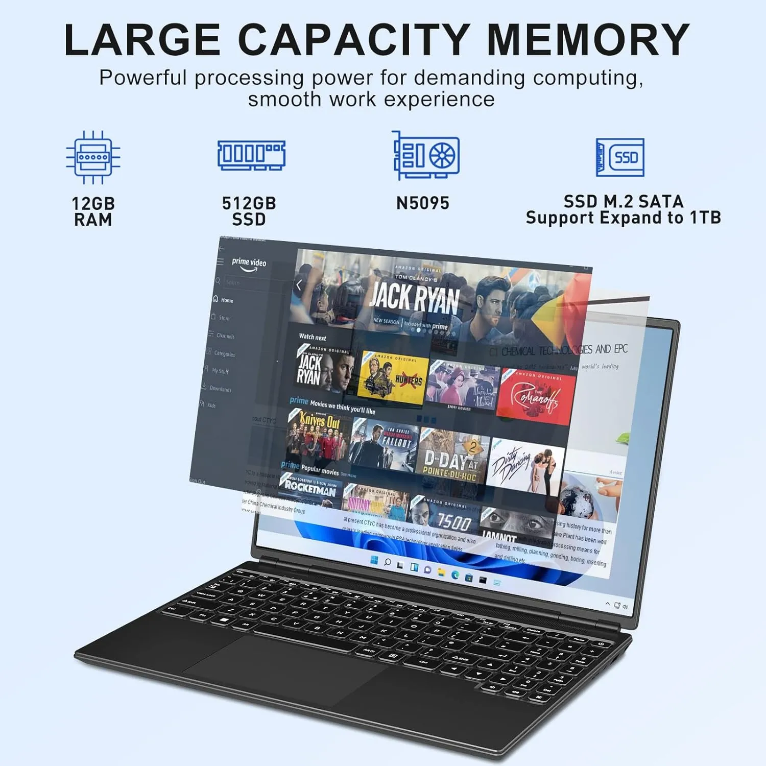 16" Laptop 12 512GB Celeron N5095 (Up to 2.9Ghz) 4-Core Win 11 PC with Cooling Fan 1920 * 1200 2K Screen Dual WiFi Support 2.5" HDD 1TB SSD Expand for Business Study-Black