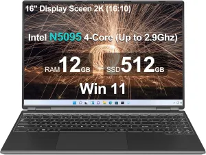 16" Laptop 12 512GB Celeron N5095 (Up to 2.9Ghz) 4-Core Win 11 PC with Cooling Fan 1920 * 1200 2K Screen Dual WiFi Support 2.5" HDD 1TB SSD Expand for Business Study-Black
