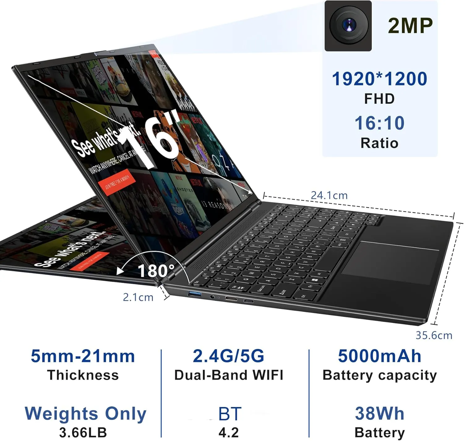 16" Laptop 12 512GB Celeron N5095 (Up to 2.9Ghz) 4-Core Win 11 PC with Cooling Fan 1920 * 1200 2K Screen Dual WiFi Support 2.5" HDD 1TB SSD Expand for Business Study-Black