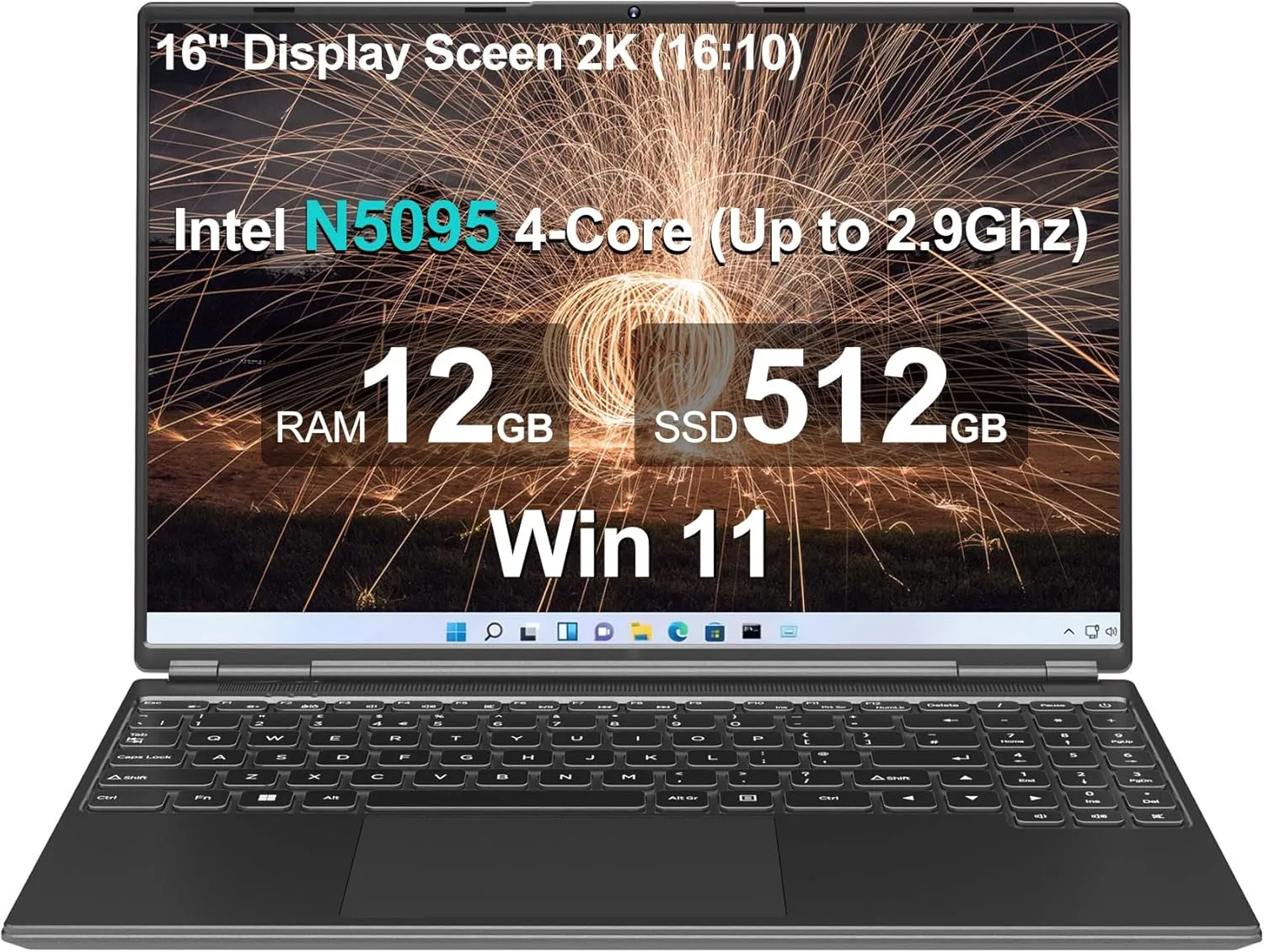 16" Laptop 12 512GB Celeron N5095 (Up to 2.9Ghz) 4-Core Win 11 PC with Cooling Fan 1920 * 1200 2K Screen Dual WiFi Support 2.5" HDD 1TB SSD Expand for Business Study-Black