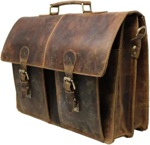 16" Mens Briefcase for Laptop Genuine Leather Messenger Bag for Men Satchel Distressed Stylish Professional Shoulder Bag