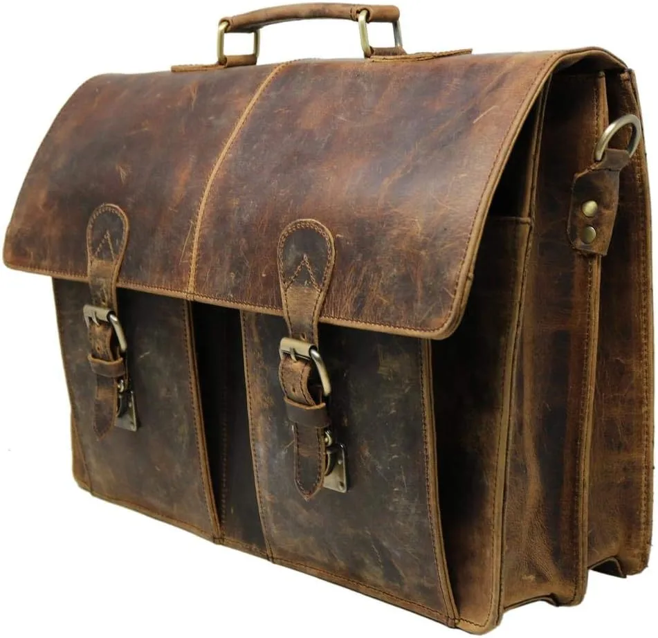 16" Mens Briefcase for Laptop Genuine Leather Messenger Bag for Men Satchel Distressed Stylish Professional Shoulder Bag