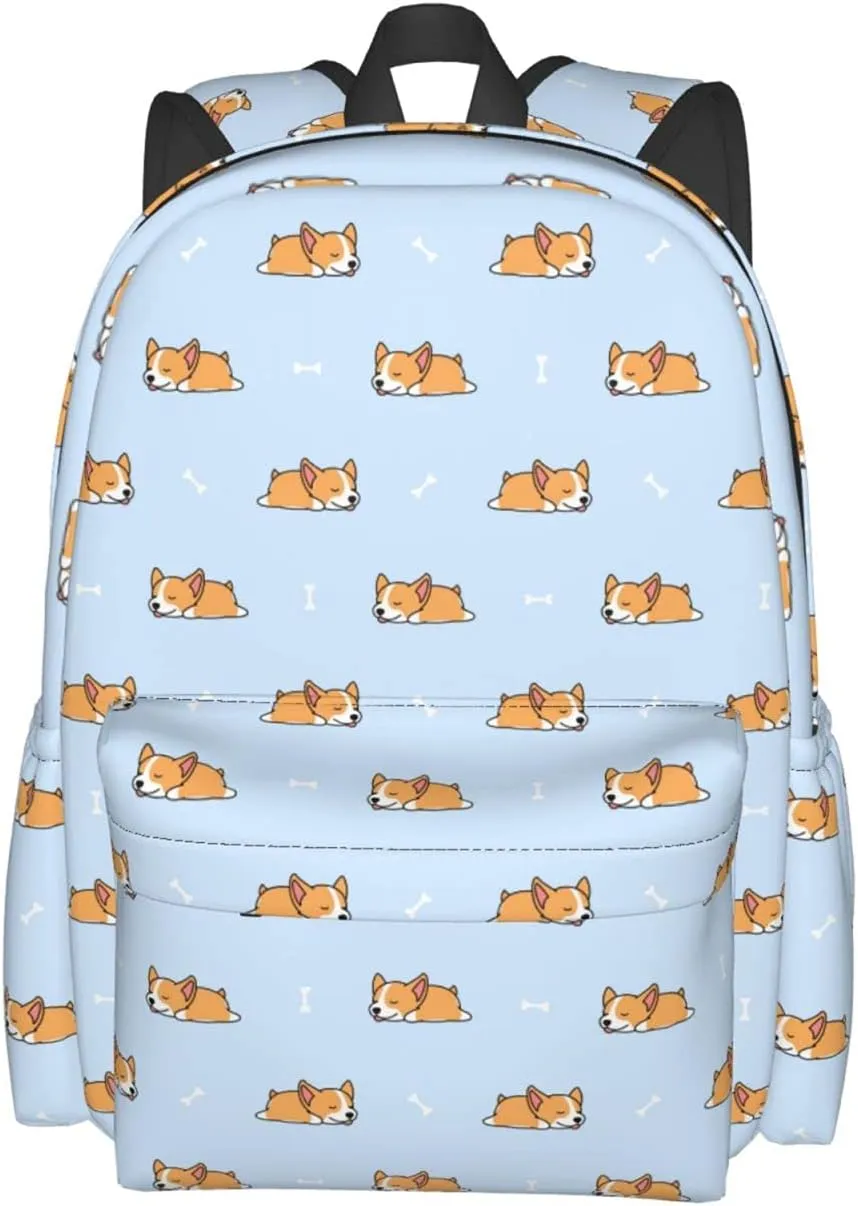 17 Inch Backpack Cartoon Sleep Corgi Cute Blue Laptop Backpack School Bookbag Shoulder Bag Casual Daypack