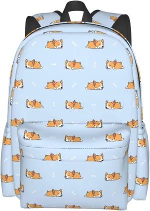 17 Inch Backpack Cartoon Sleep Corgi Cute Blue Laptop Backpack School Bookbag Shoulder Bag Casual Daypack