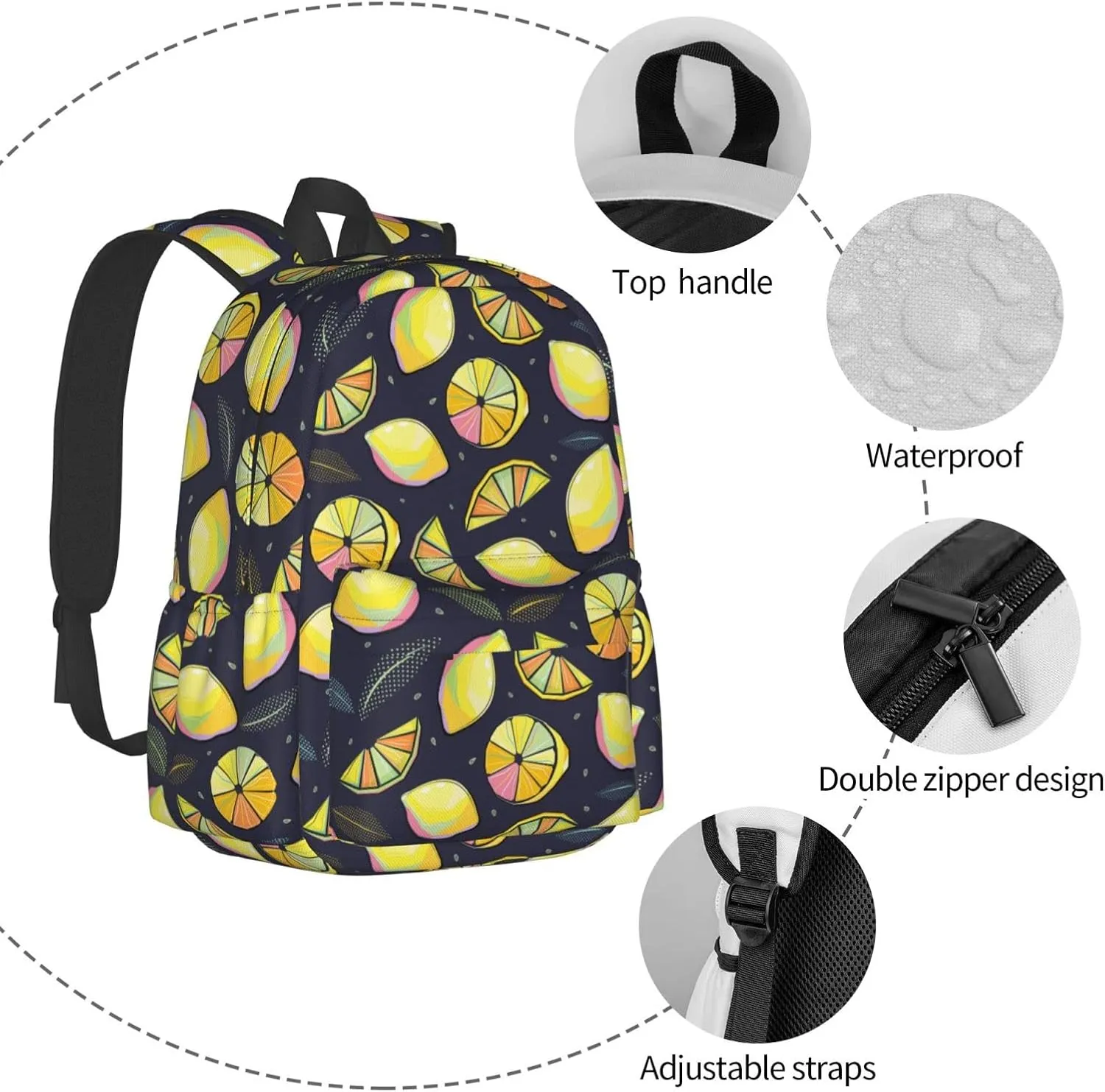 17 inch Backpack Pop Art Lemon Citrus Leaves Laptop Backpack School Bookbag Shoulder Bag Casual Daypack